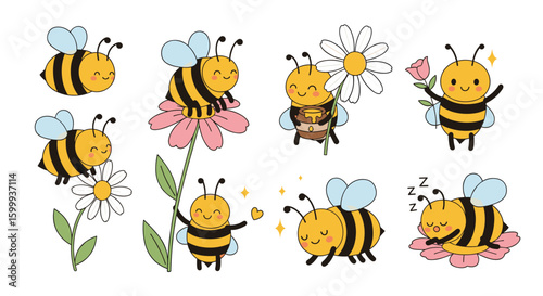Adorable illustrations of cute bees in various playful poses and delightful activities surrounded by flowers and sunshine