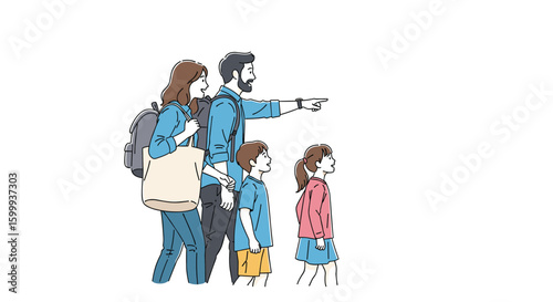 A family of four is walking together on a sunny day looking for their destination