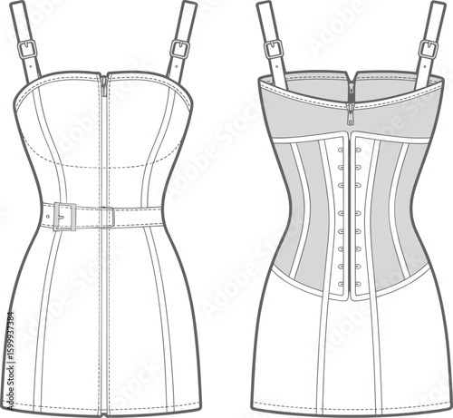 Strappy Corset Mini Dress with Belt, Back Hook Detail, Fashion CAD Flat Sketch, Vector Apparel Template, Technical Drawing for Designers