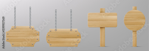 Wood board 3d set with hanging signs on metal chains, rectangular and circular wooden posts on pole. Rustic signage elements for outdoor navigation, restaurant menu displays, shop branding mockups.