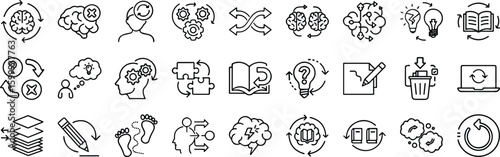 Cognitive thinking icon set, brain process symbols, mental health and creativity concept, learning and problem solving vector icons