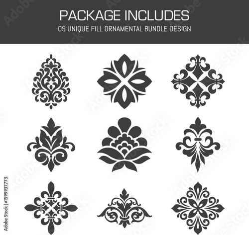 Set of 9 Elegant Filled Ornamental Floral Vector Motifs in Vintage Style