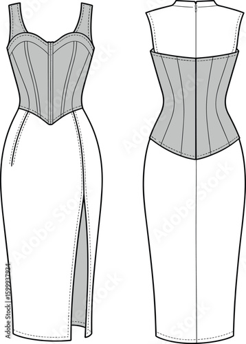 Corset Midi Dress with Slit, Fashion CAD Flat Sketch, Vector Drawing for Designers, Elegant Fitted Dress Design, Apparel Template