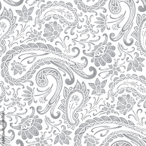 Paisley floral pattern, abstraction, swirl flowers, white and grey colors. Seamless floral pattern-801.