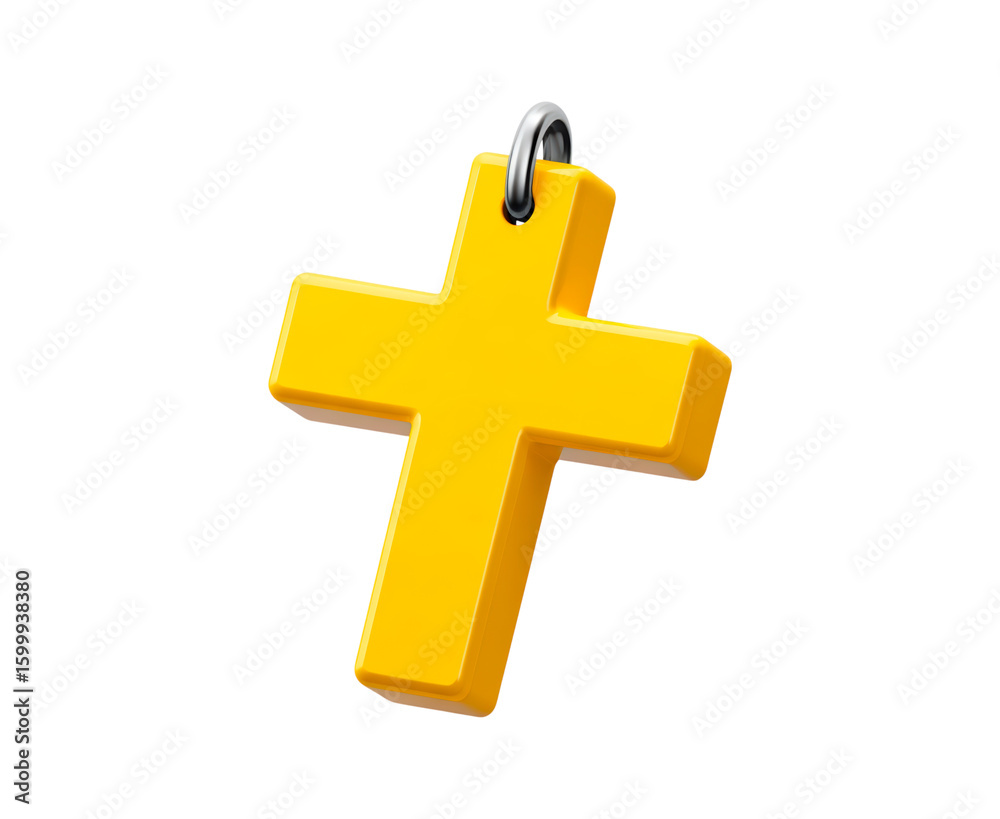 Fototapeta premium Yellow 3d cross pendant with metal ring on transparent background, PNG