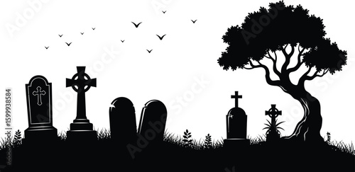 Silhouette of a cemetery with gravestones, a large tree, and birds flying overhead on a white background