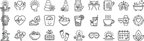 Collection of wellness and self-care icons in line style featuring yoga, meditation, nutrition, fitness, mindfulness, sleep, and healthy lifestyle.