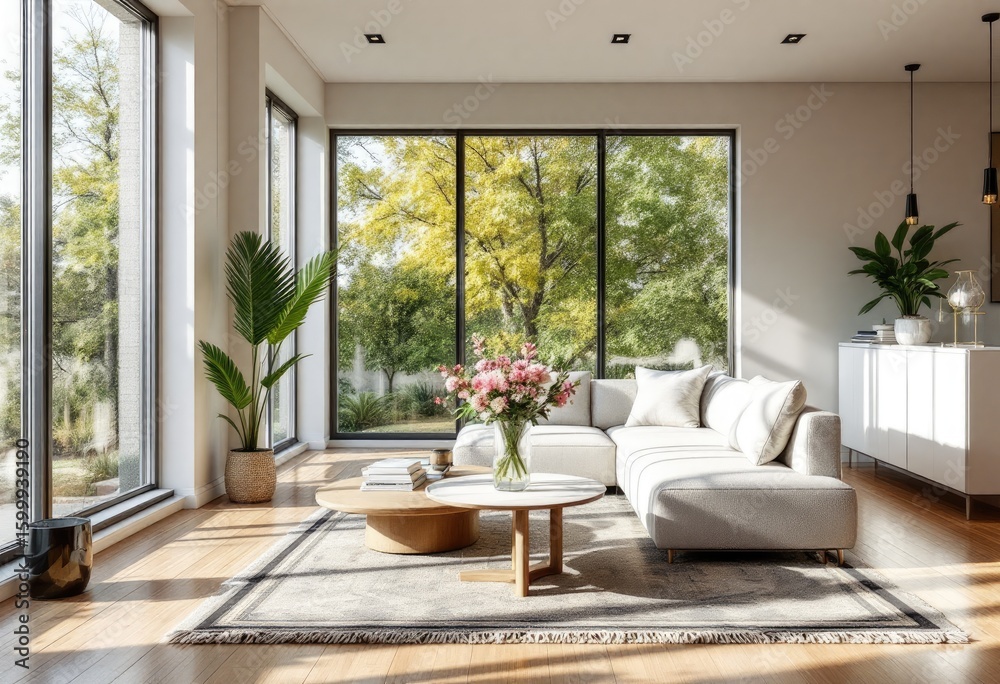 Fototapeta premium Sunlit living room with large windows showcasing autumnal foliage, a white sectional sofa, a round coffee table, and potted plants, all set on light hardwood floors and a patterned rug