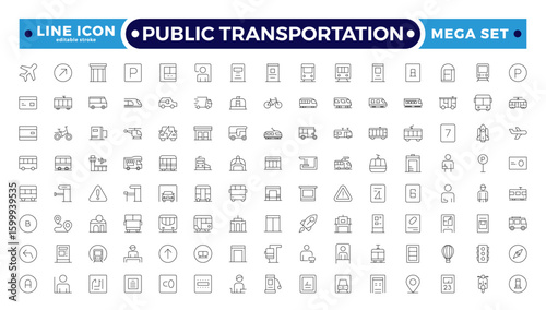 Public transportation outline Icons set. Contain icons related to vehicle, cars, truck, ship, boat, train, subway, motorcycle, motor scooter, and more. Editable stroke outline icon. 
