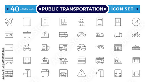Public transportation outline Icons set. Contain icons related to vehicle, cars, truck, ship, boat, train, subway, motorcycle, motor scooter, and more. Editable stroke outline icon. 
