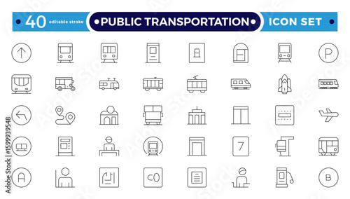 Public transportation outline Icons set. Contain icons related to vehicle, cars, truck, ship, boat, train, subway, motorcycle, motor scooter, and more. Editable stroke outline icon. 
