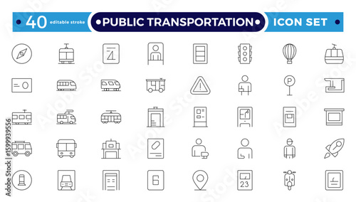 Public transportation outline Icons set. Contain icons related to vehicle, cars, truck, ship, boat, train, subway, motorcycle, motor scooter, and more. Editable stroke outline icon. 
