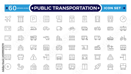 Public transportation outline Icons set. Contain icons related to vehicle, cars, truck, ship, boat, train, subway, motorcycle, motor scooter, and more. Editable stroke outline icon. 
