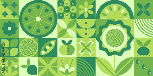 Green bauhaus plant pattern grid with geometric flowers, citrus slices, leaves arranged in squares - modern botanical design tiles with abstract nature shapes, retro style vegetation mosaic.