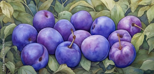 A watercolor of plums in shades of purple and blue, nestled amongst green foliage, their smooth surfaces gleaming under soft light.