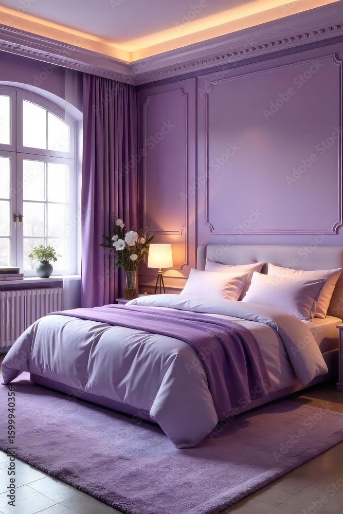 Fototapeta premium Serene lavender bedroom interior with soft lighting, plush textiles, and elegant decor Perfect for relaxation and a calming atmosphere , plants, wall