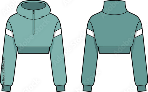CAD drawing flat vector illustration of cropped hoodie, zipper front, high neck design, sporty fashion garment layout, stylish front back views