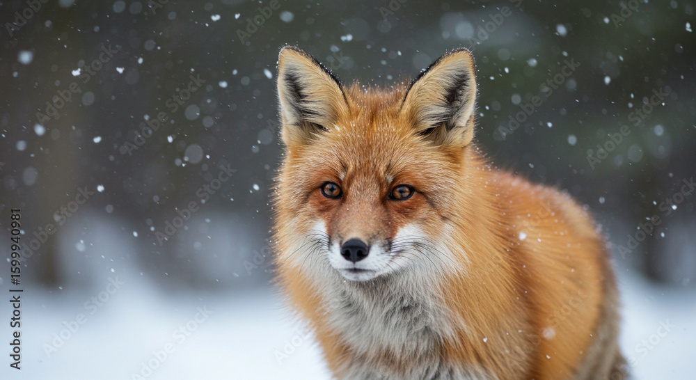 Obraz premium Curious Red Fox in Snowy Winter Forest - Soft Close-up Portrait
