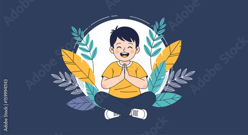 A young boy sitting in a lotus position engaged in meditation surrounded by leaves and branches with a joyful expression