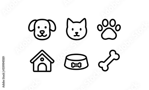 Simple pet icon set featuring dog, cat, and accessories in linear style