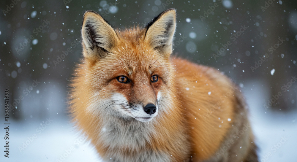 Fototapeta premium Curious Red Fox in Snowy Winter Forest - Soft Close-up Portrait