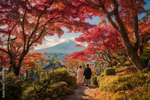Autumn Couple Views Mount Fuji Through Red Maple Trees