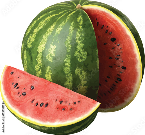 Close-up of a refreshing, ripe red watermelon slice isolated on white, showcasing its juicy freshness
