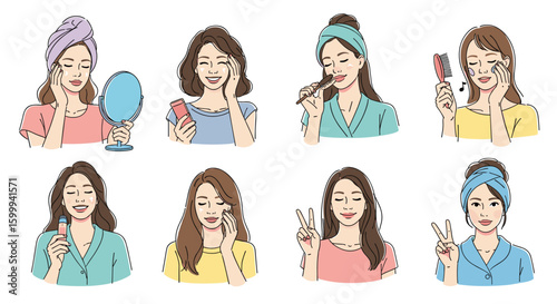 Young women applying makeup and skincare products enjoying beauty routines and self care activities