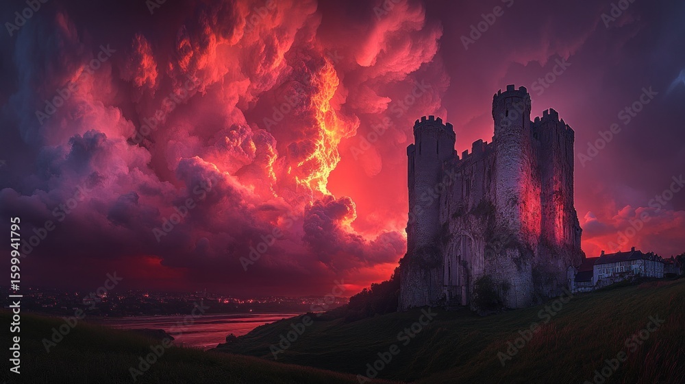 Obraz premium Majestic Castle at Sunset: A Dramatic Red Sky