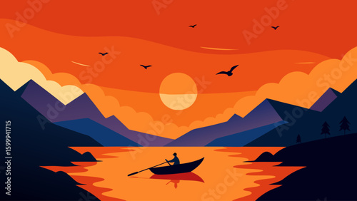 Kayaker on Mountain Lake at Sunset