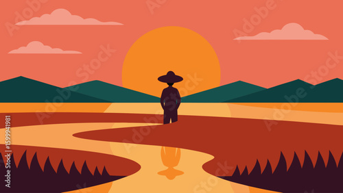 Sunset Over Rice Terraces Reflecting Sky