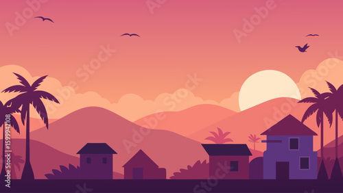 Palm Trees and Village Rooftops at Dusk