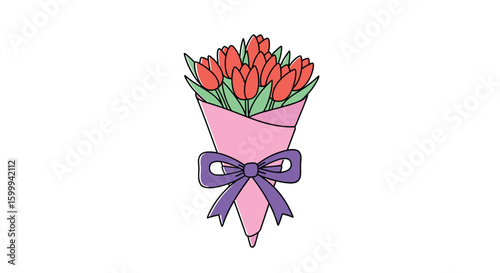 A beautiful bouquet of red tulips tied with a purple ribbon in a pink wrapper a charming floral arrangement for any occasion