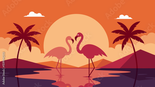 Flamingos at Sunset in Shallow Palm Water