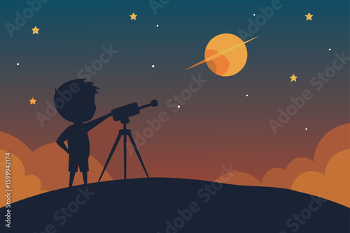 Boy Watching Sunset with Telescope