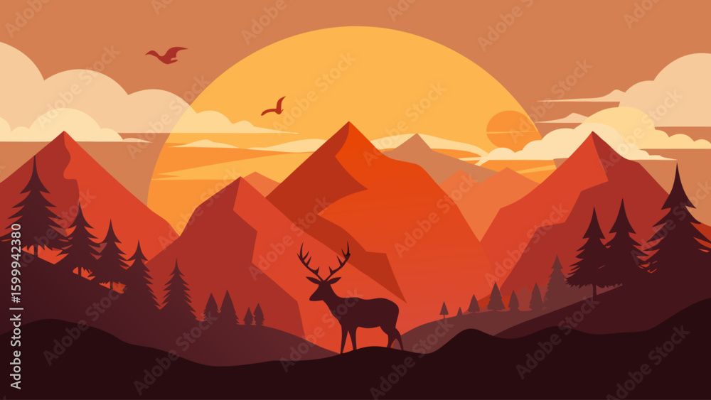 Fototapeta premium Mountain Valley Sunset with Deer