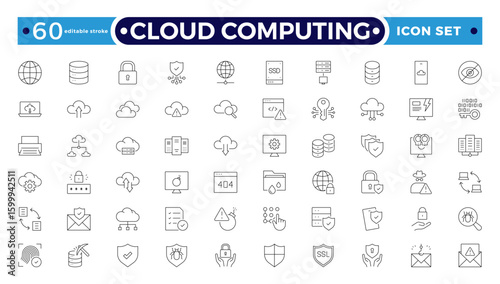 Cloud computing outline icon set. cloud services, server, cyber security, statistics, analytics, server, monitoring, computing, network, digital transformation. Editable stroke outline icon. 
