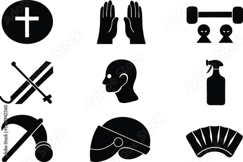 Black and white collection of diverse symbolic icons set of silhouettes