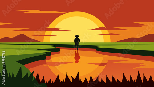 Sunset Over Rice Terraces Reflecting Sky