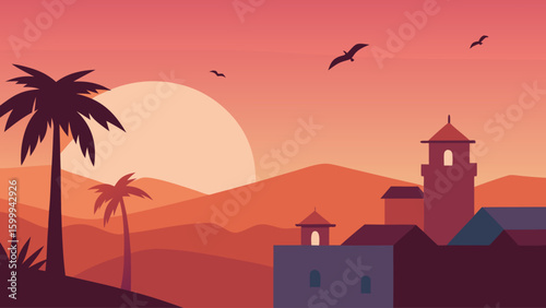 Palm Trees and Village Rooftops at Dusk