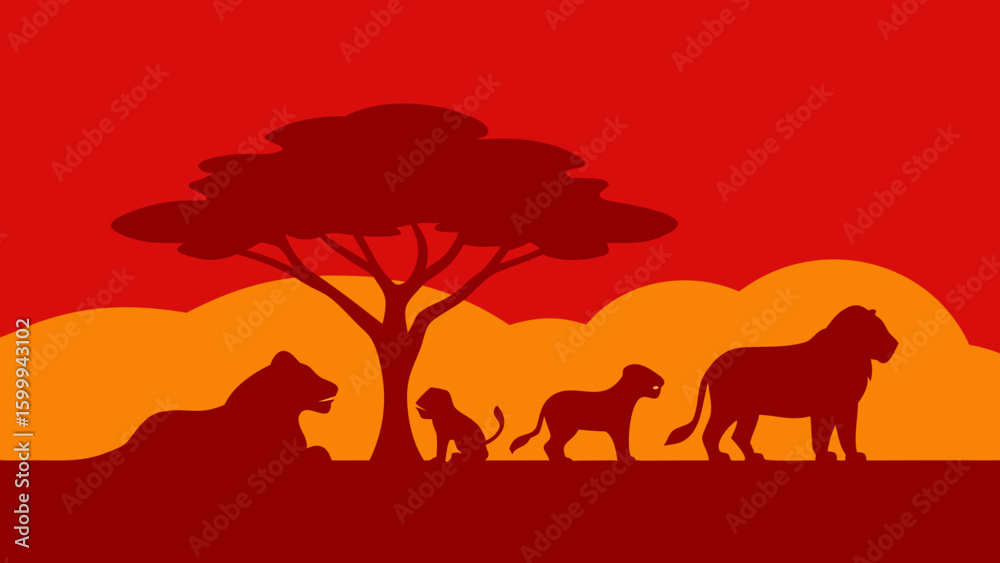 Naklejka premium Lion Family Resting Under Acacia Tree at Sunset