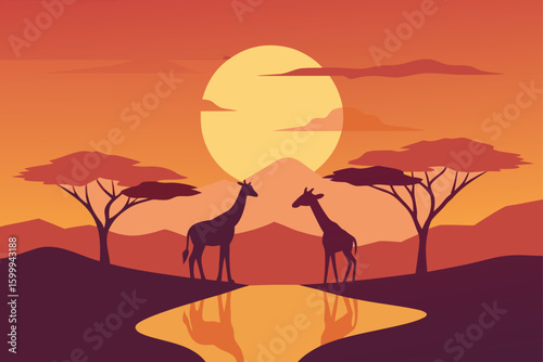 Giraffes Grazing at Waterhole in Sunset Savanna
