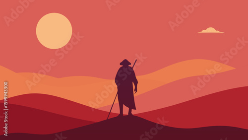 Sunset Nomad Scene With Walking Stick