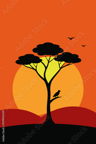 Acacia Tree With Bird at Sunset