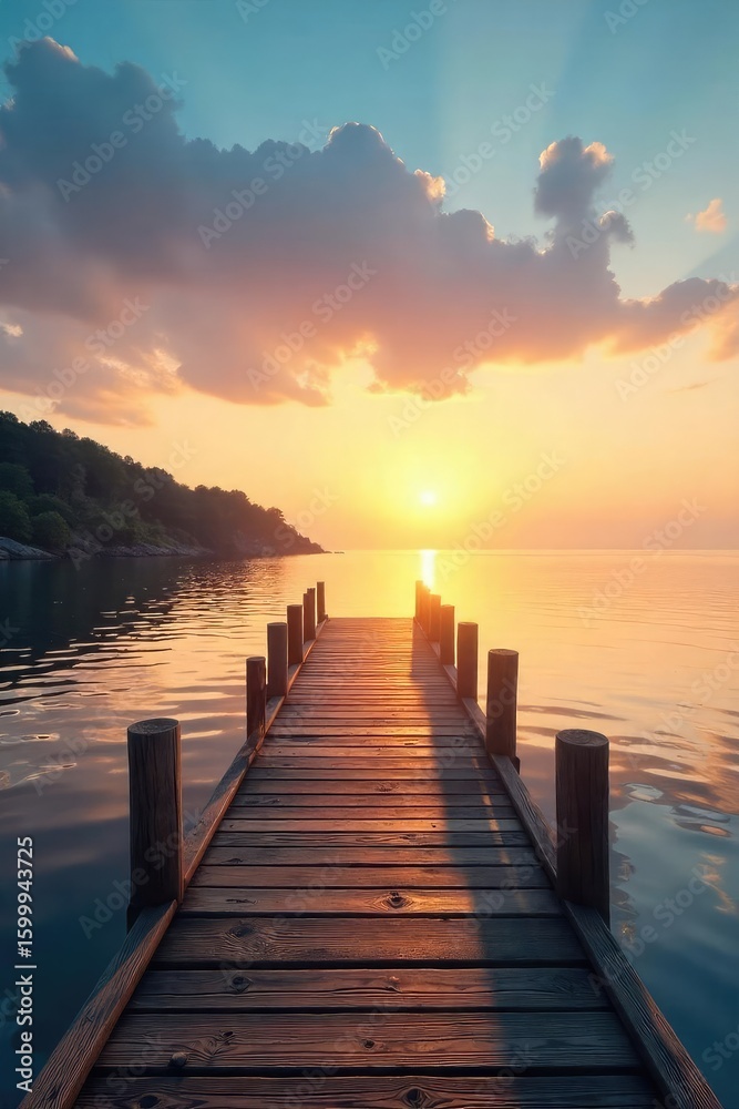 Fototapeta premium Tranquil scene of a wooden dock extending into calm waters, bathed in the soft light of sunrise or sunset Perfect for travel, nature, or relaxation themes , timbers, dock