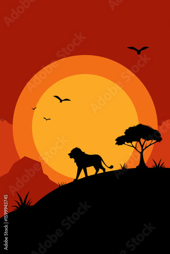 Grassy Savanna Hill with Lion Silhouette