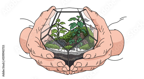 Hands carefully holding a miniature ecosystem in a geometric glass container showcasing lush green plants and earthy terrain