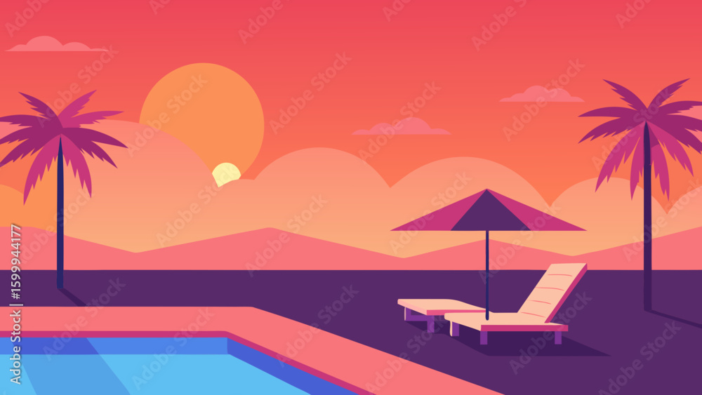 Obraz premium Tropical Poolside Sunset with Lounge Chairs