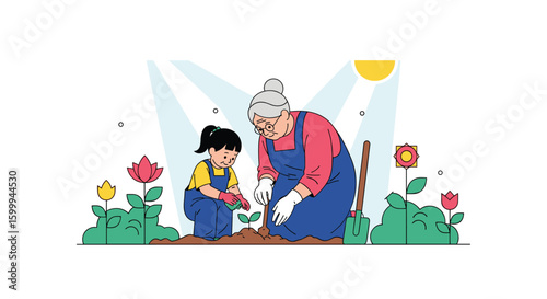 Grandmother and granddaughter enjoying a sunny day planting flowers together in a vibrant garden