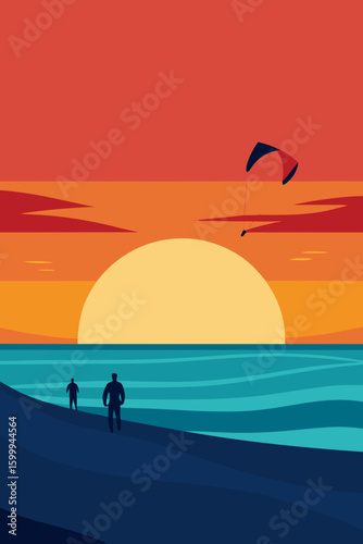 Kite Surfers in Sunset Waves Silhouette